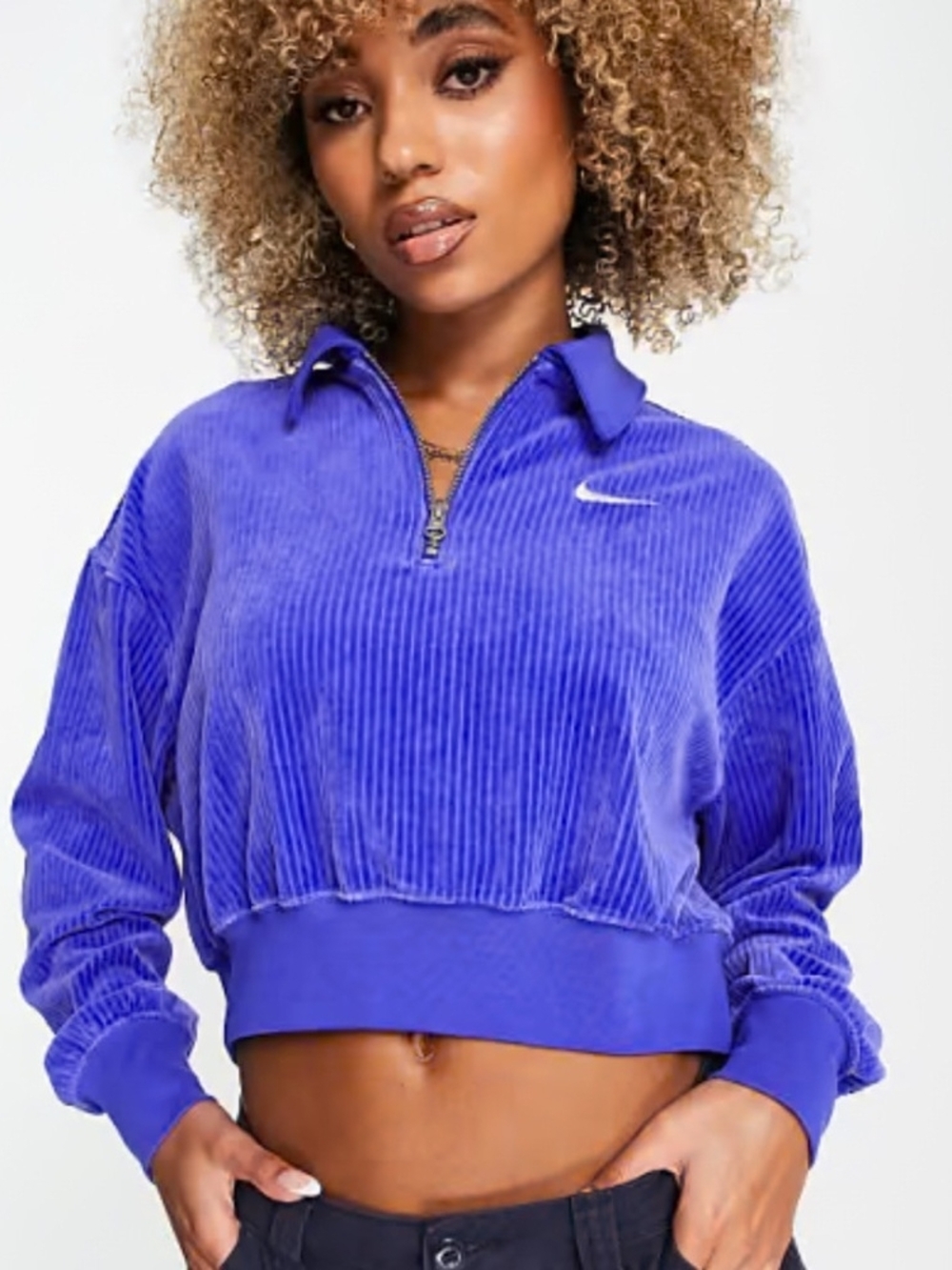 Nike Women's Electric Blue Corduroy Half-Zip Cropped Sweatshirt